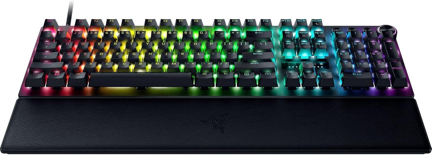 RGB mechanical gaming keyboard with wrist rest, black keys, and customizable backlighting