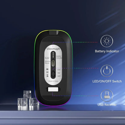 Wireless mouse bottom showing battery indicator, LED switch, and USB receiver slot
