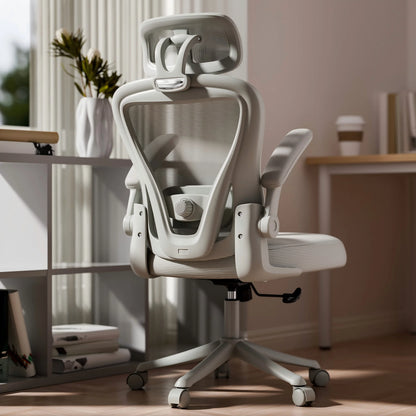 Ergonomic mesh office chair with headrest, adjustable arms, and lumbar support for gaming or work setup