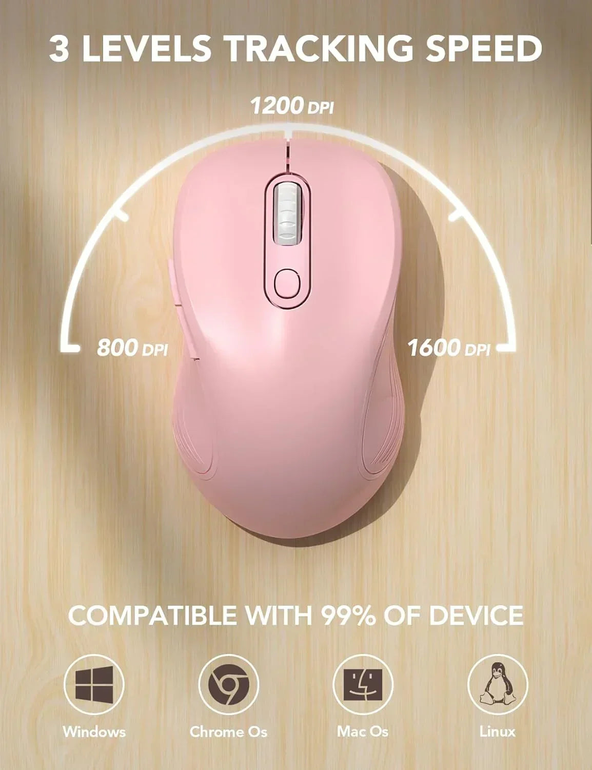 Pink wireless mouse with 3 DPI levels, compatible with Windows, Mac, Linux, Chrome OS
