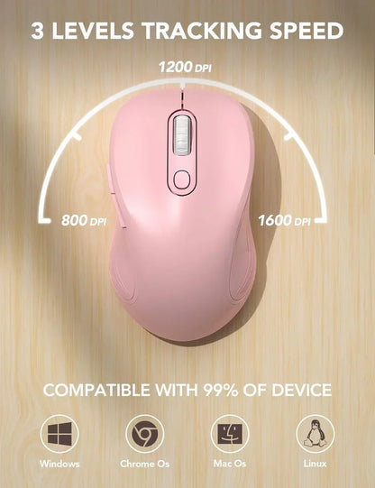 Pink wireless mouse with 3 DPI levels, compatible with Windows, Mac, Linux, Chrome OS
