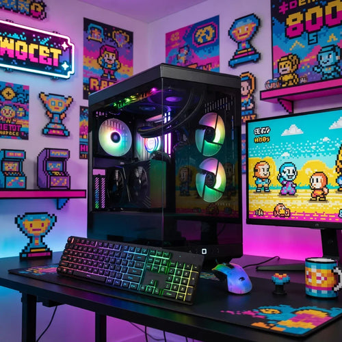 RGB gaming PC setup with mechanical keyboard, mouse, and retro 8-bit pixel art decor