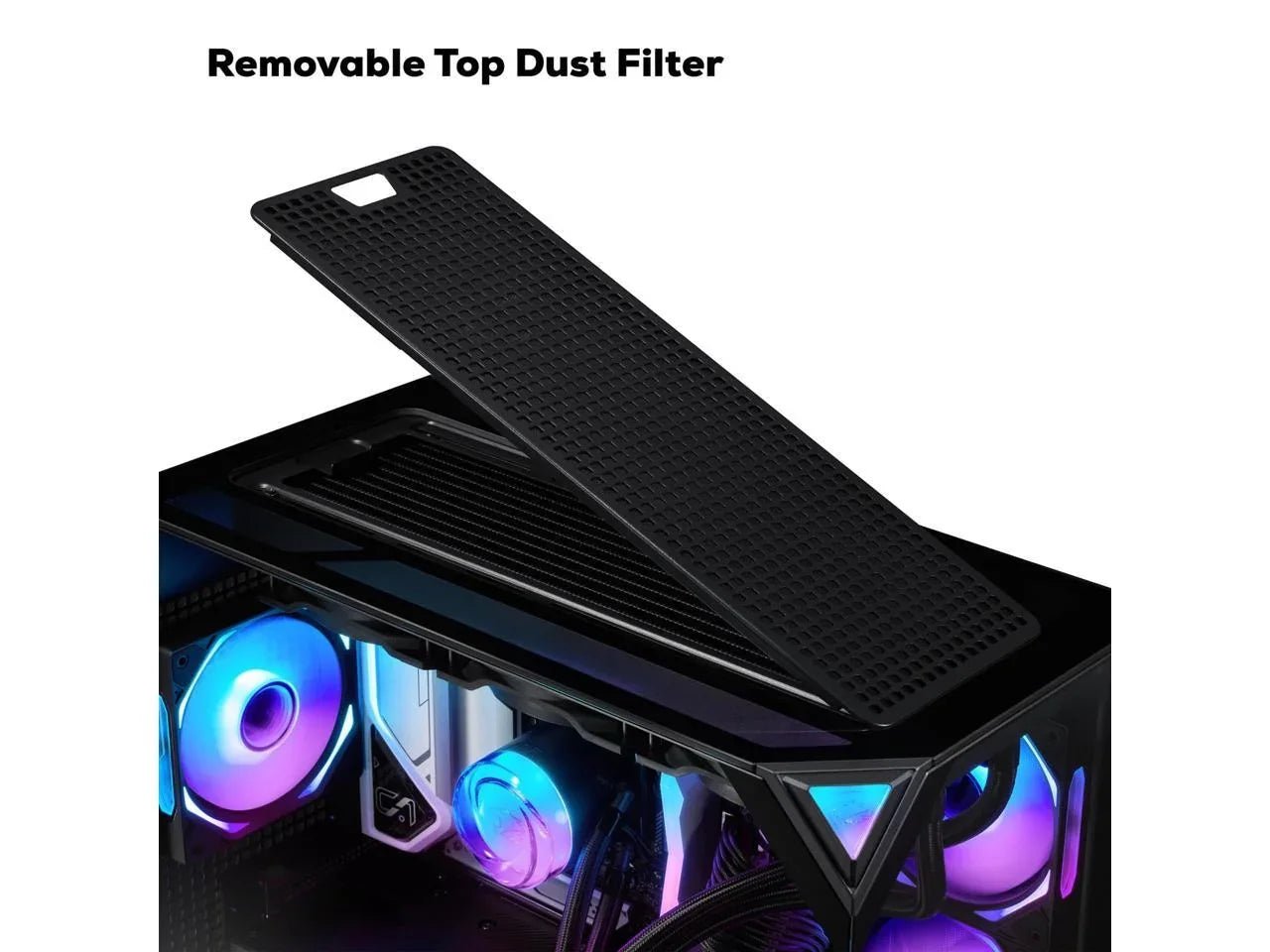 Computer case with removable top dust filter showcasing internal RGB cooling fans and liquid cooling system