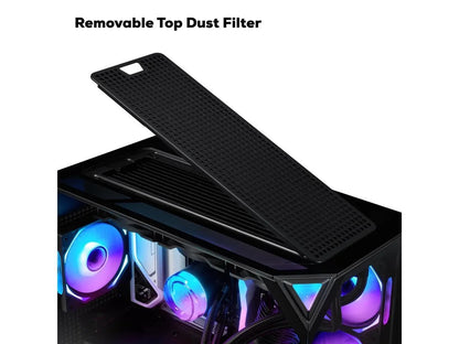 Computer case with removable top dust filter showcasing internal RGB cooling fans and liquid cooling system