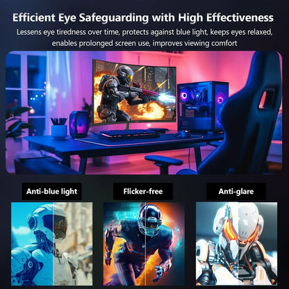 Gaming setup with curved monitor, RGB keyboard, mouse, PC with RGB fans, and ergonomic chair showcasing anti-blue light, flicker-free and anti-glare features