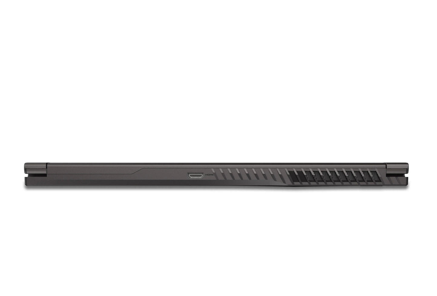 Slim gaming laptop closed, showing rear HDMI port and cooling vents