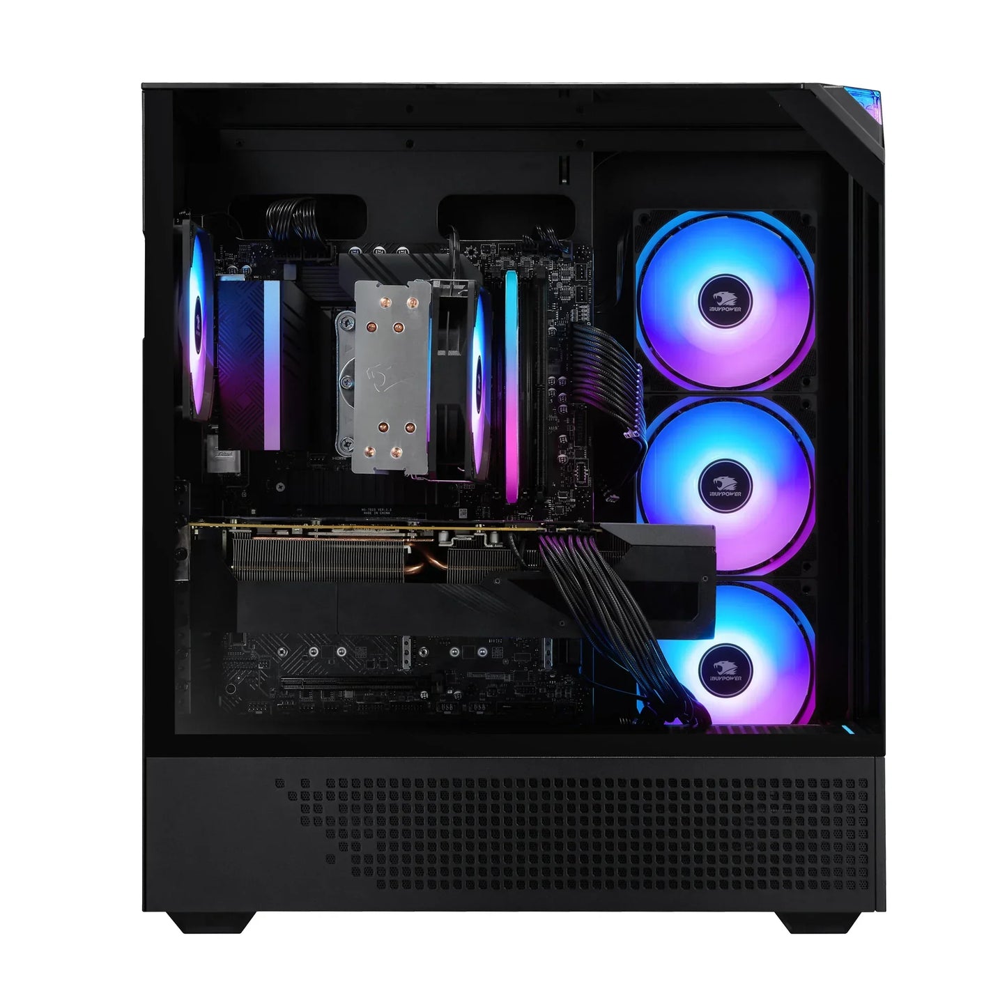Gaming PC with black case and RGB-lit cooling fans inside, visible motherboard and graphics card
