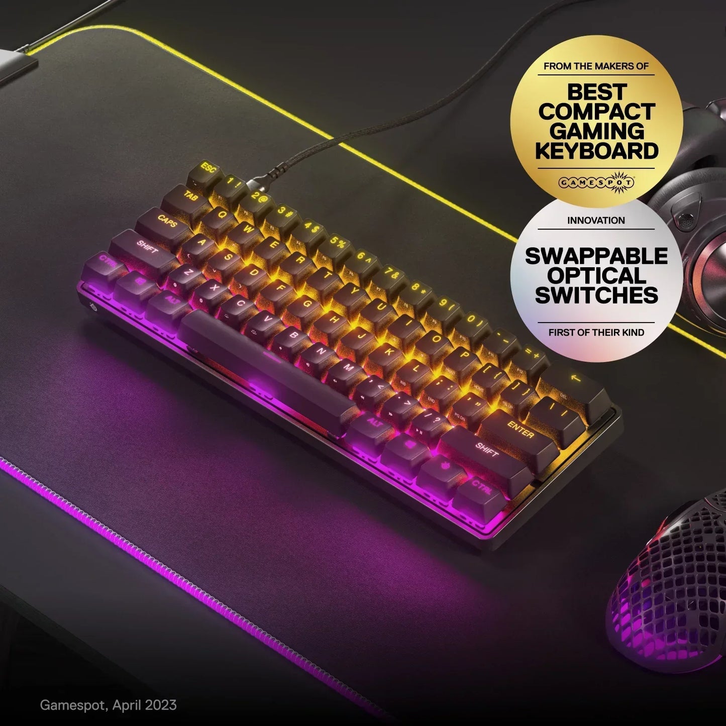 RGB gaming keyboard with swappable optical switches on a neon-lit desk, Byte Style gear