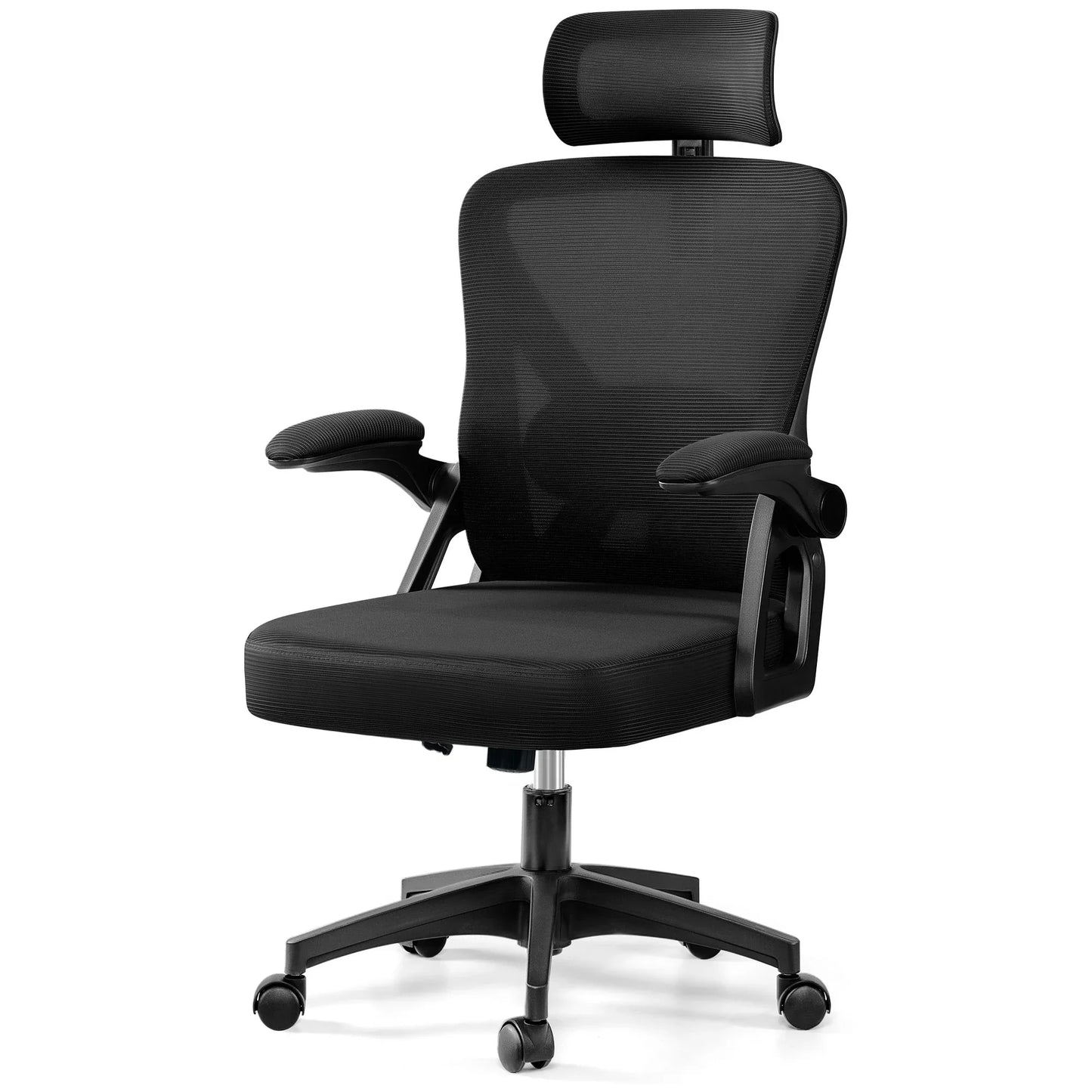 Black ergonomic mesh gaming chair with headrest and adjustable armrests for office or PC setup