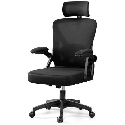 Black ergonomic mesh gaming chair with headrest and adjustable armrests for office or PC setup
