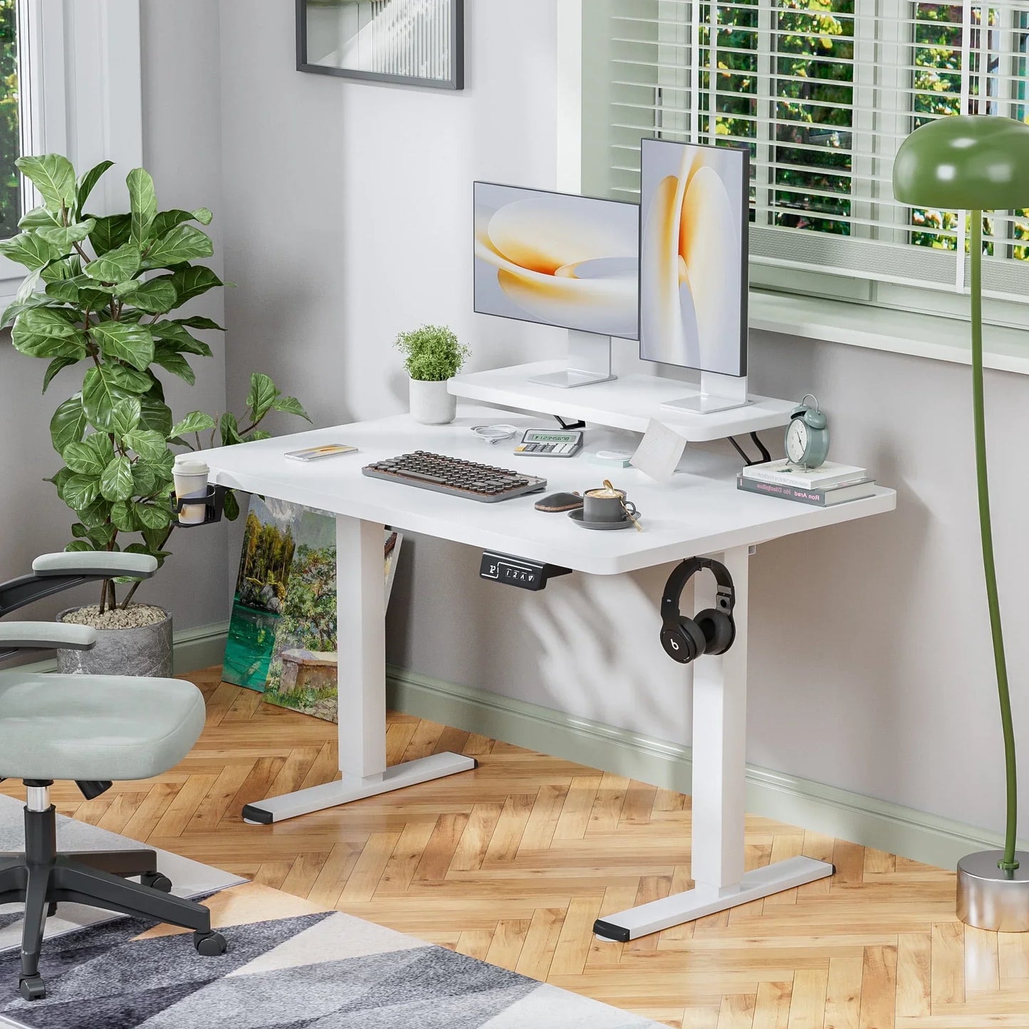 55" Wide Home Office Electric Height Adjustable Standing Desk Lifting Range 28~46" Computer Desk with Monitor Stand,Black