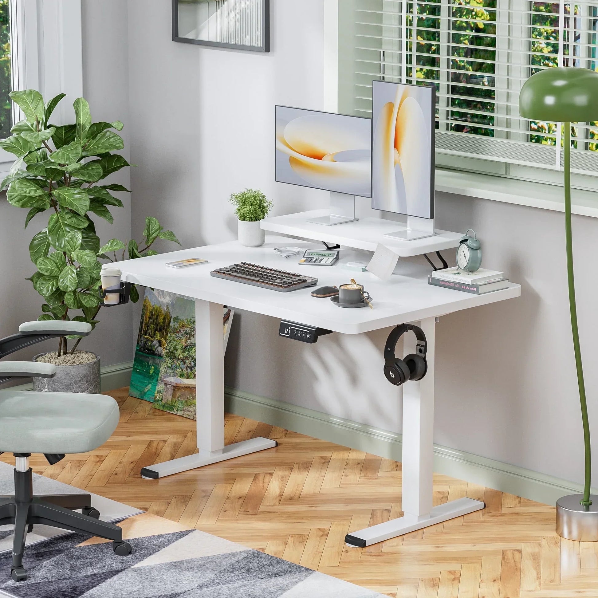 55" Wide Home Office Electric Height Adjustable Standing Desk Lifting Range 28~46" Computer Desk with Monitor Stand,Black