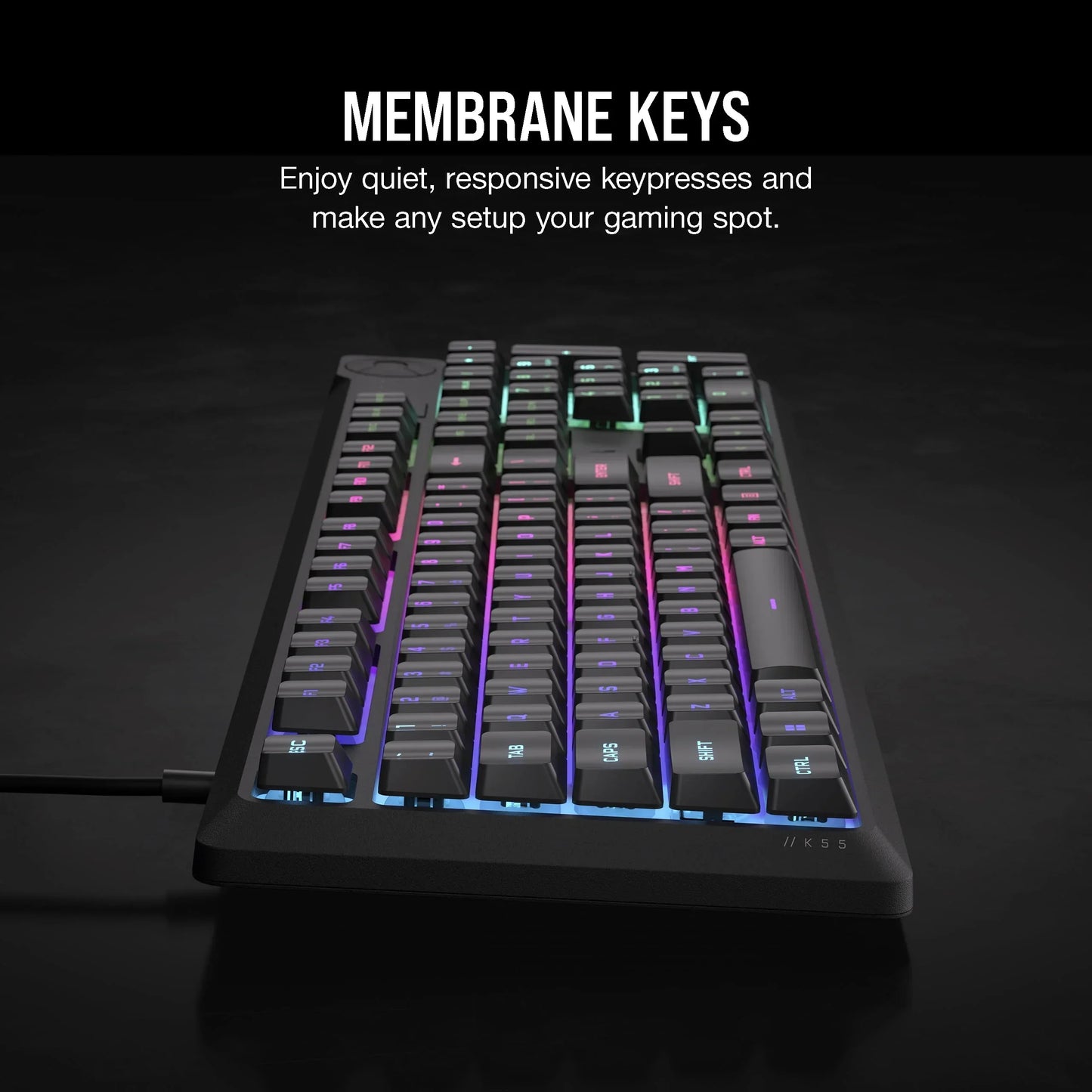 RGB backlit gaming keyboard with membrane keys on black surface, Byte Style modern gaming gear