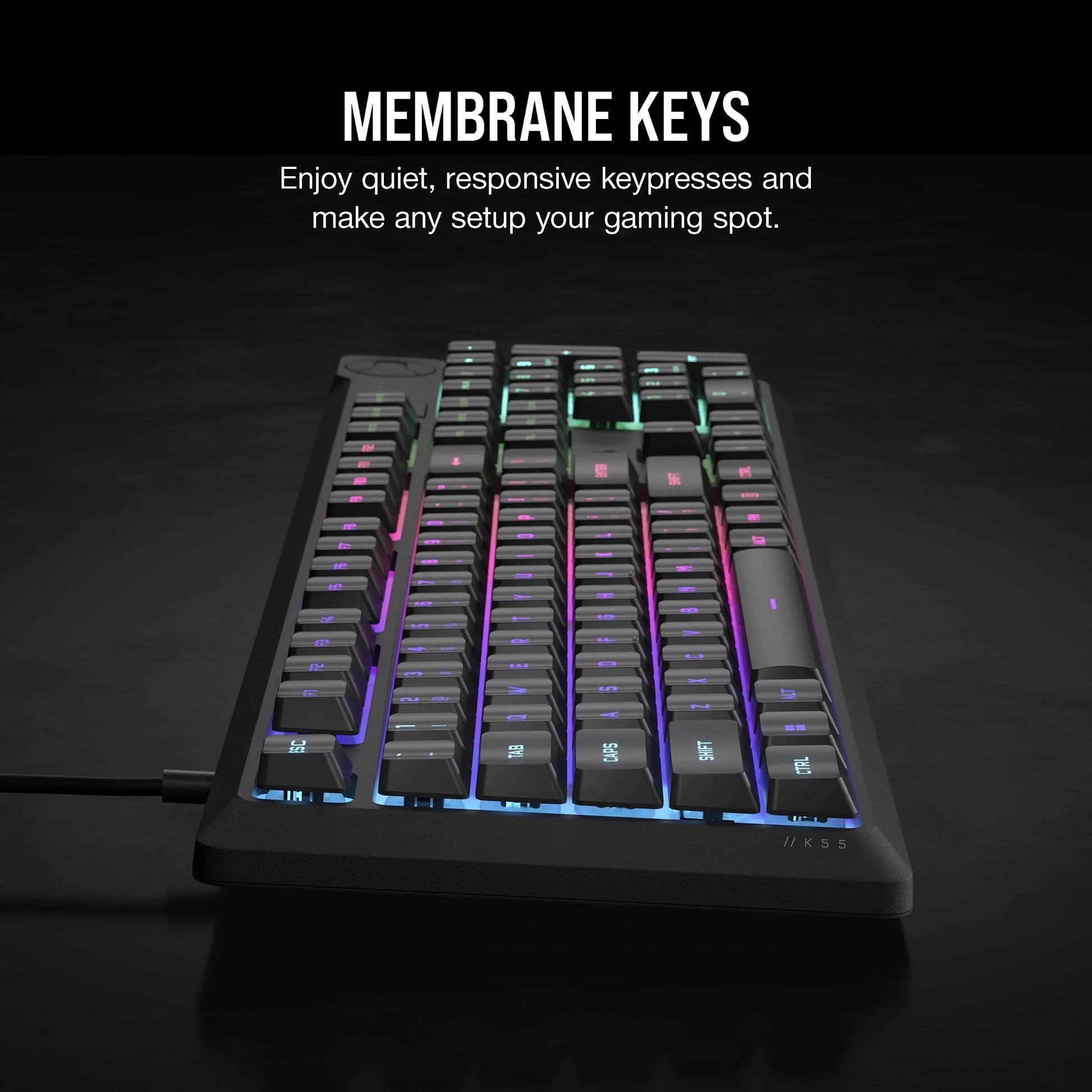 RGB backlit gaming keyboard with membrane keys on black surface, Byte Style modern gaming gear