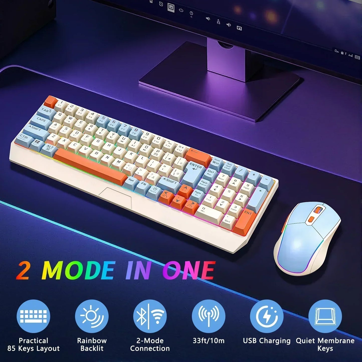 Wireless Gaming Keyboard and Mouse Combo 85 Key Rainbow Backlit, Rechargeable 2000Mah, Dual-Mode 2.4Ghz & BT5.0, Ergonomic Design for or Mac, Laptop, Desktop