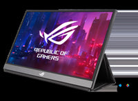 ASUS Republic of Gamers portable gaming monitor with cityscape wallpaper and ROG logo