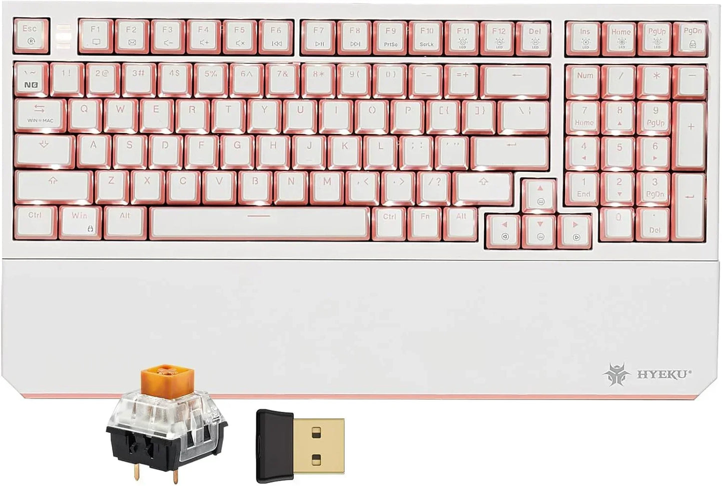 White and pink mechanical gaming keyboard with wrist rest, switch, and USB dongle, Byte Style