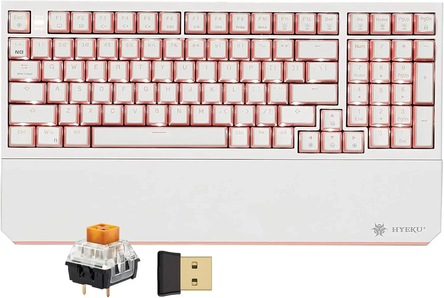 White and pink mechanical gaming keyboard with wrist rest, switch, and USB dongle, Byte Style
