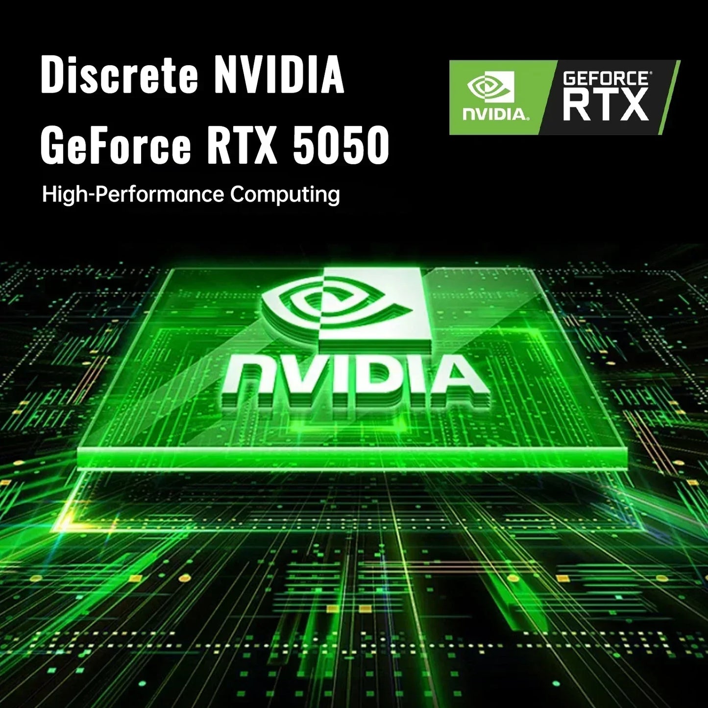 NVIDIA GeForce RTX 5050 graphics card promo, green digital circuit background