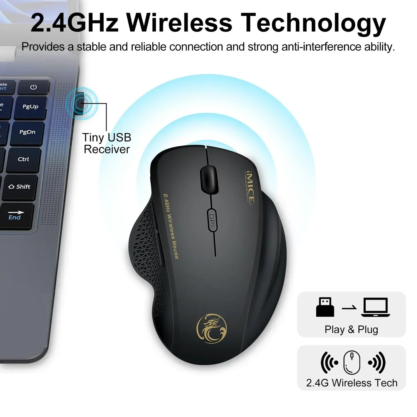 Black 2.4GHz wireless gaming mouse with tiny USB receiver next to a laptop keyboard