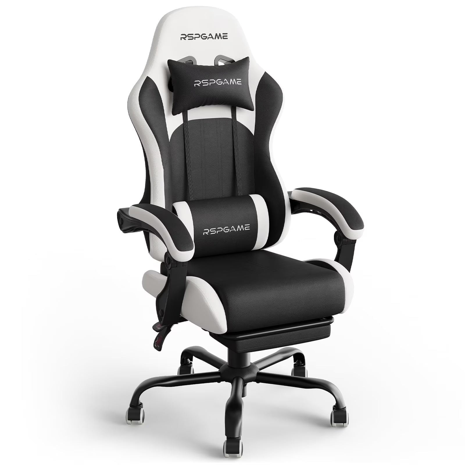 RSPGAME black and white gaming chair with lumbar support, headrest pillow, and adjustable armrests for ergonomic comfort