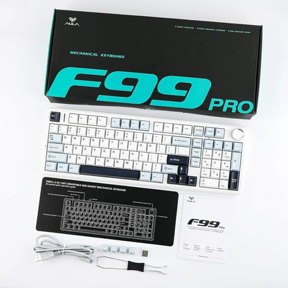 AULA F99 Pro RGB mechanical keyboard set with box, USB cable, keycap puller, and instructions.