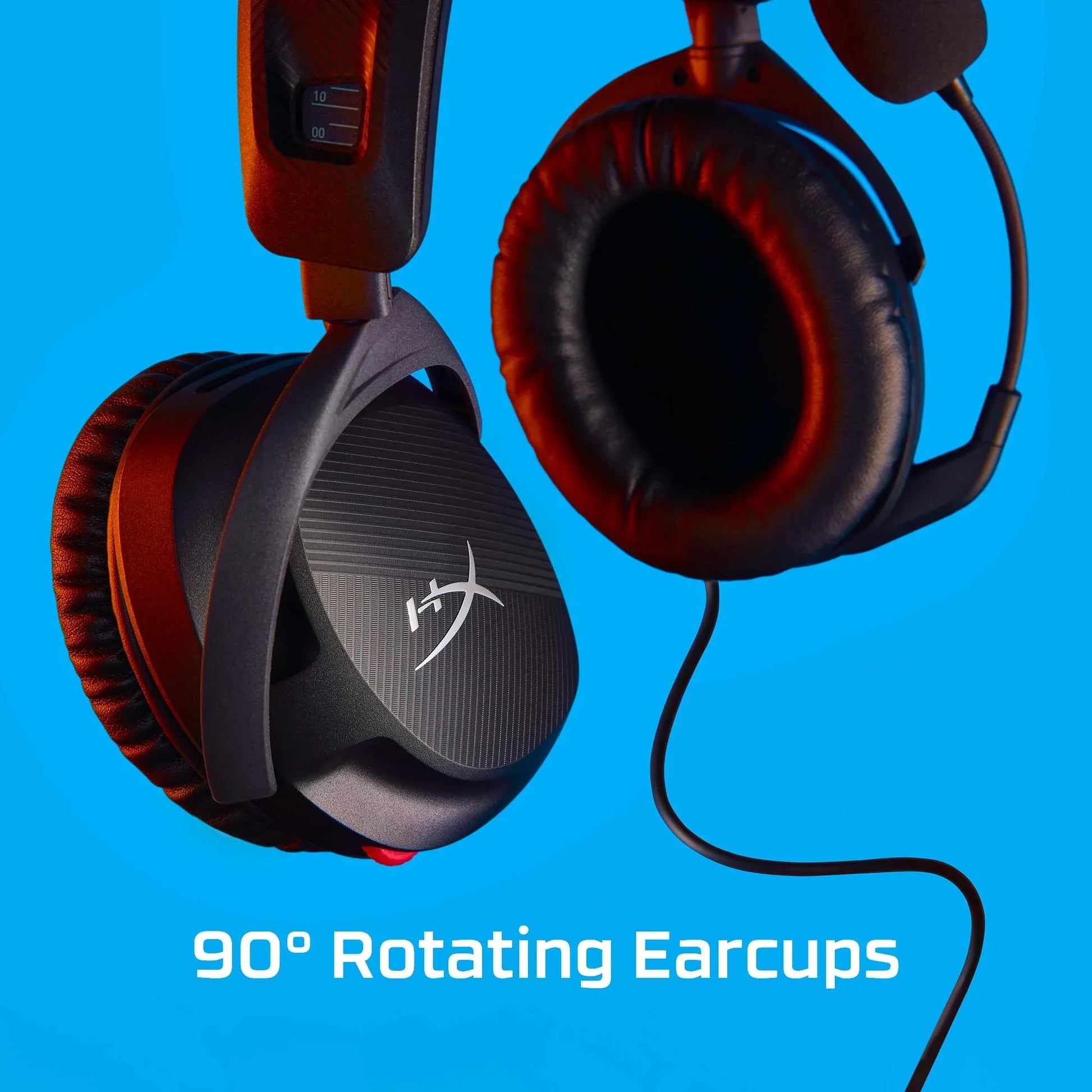 HyperX gaming headset with 90-degree rotating black earcups on blue background