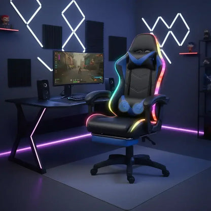 Black and blue RGB LED gaming chair in a modern gaming room with dual monitors and neon lighting
