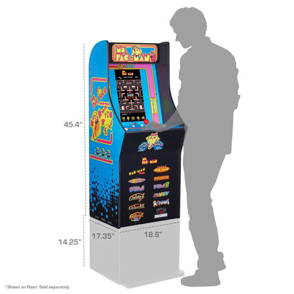 Ms. Pac-Man arcade cabinet with retro 8-bit design, side art, and game titles, shown with height dimensions and a standing person for scale.