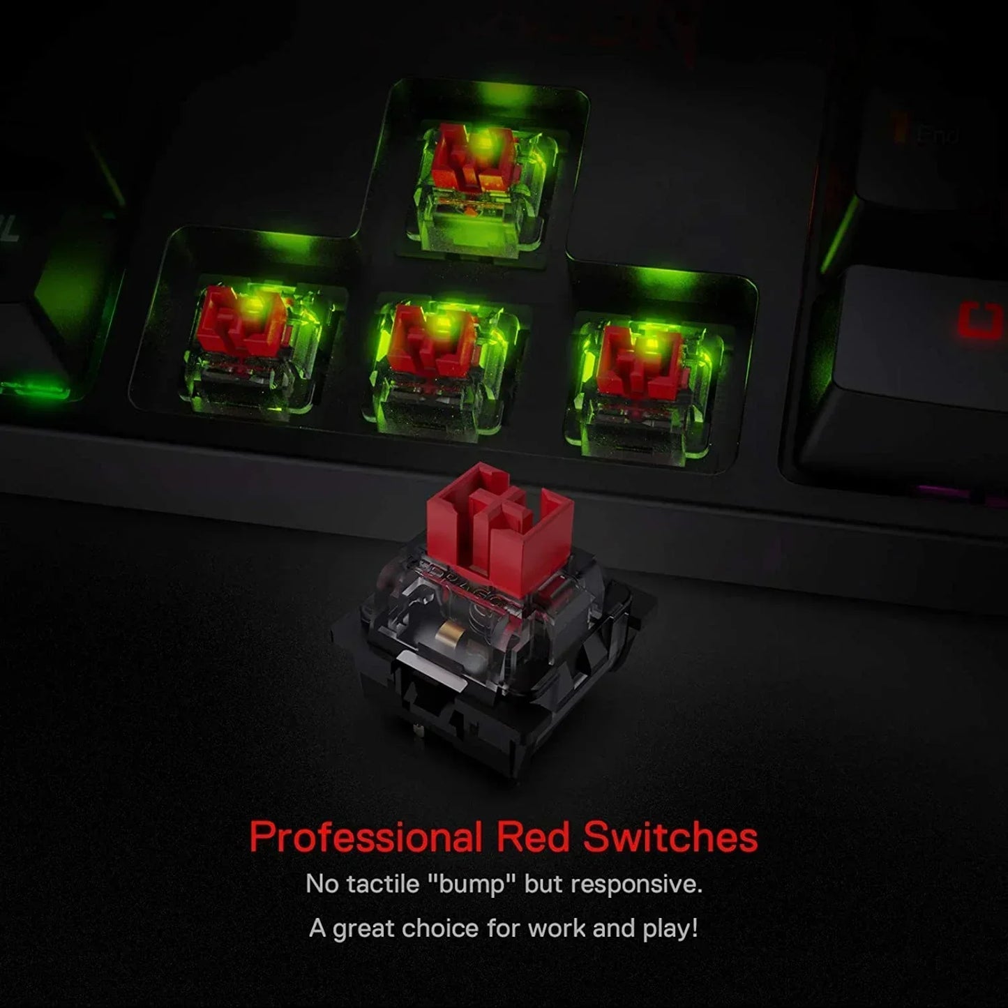 Close-up of RGB backlit mechanical keyboard with red switches, ideal for gaming setups.