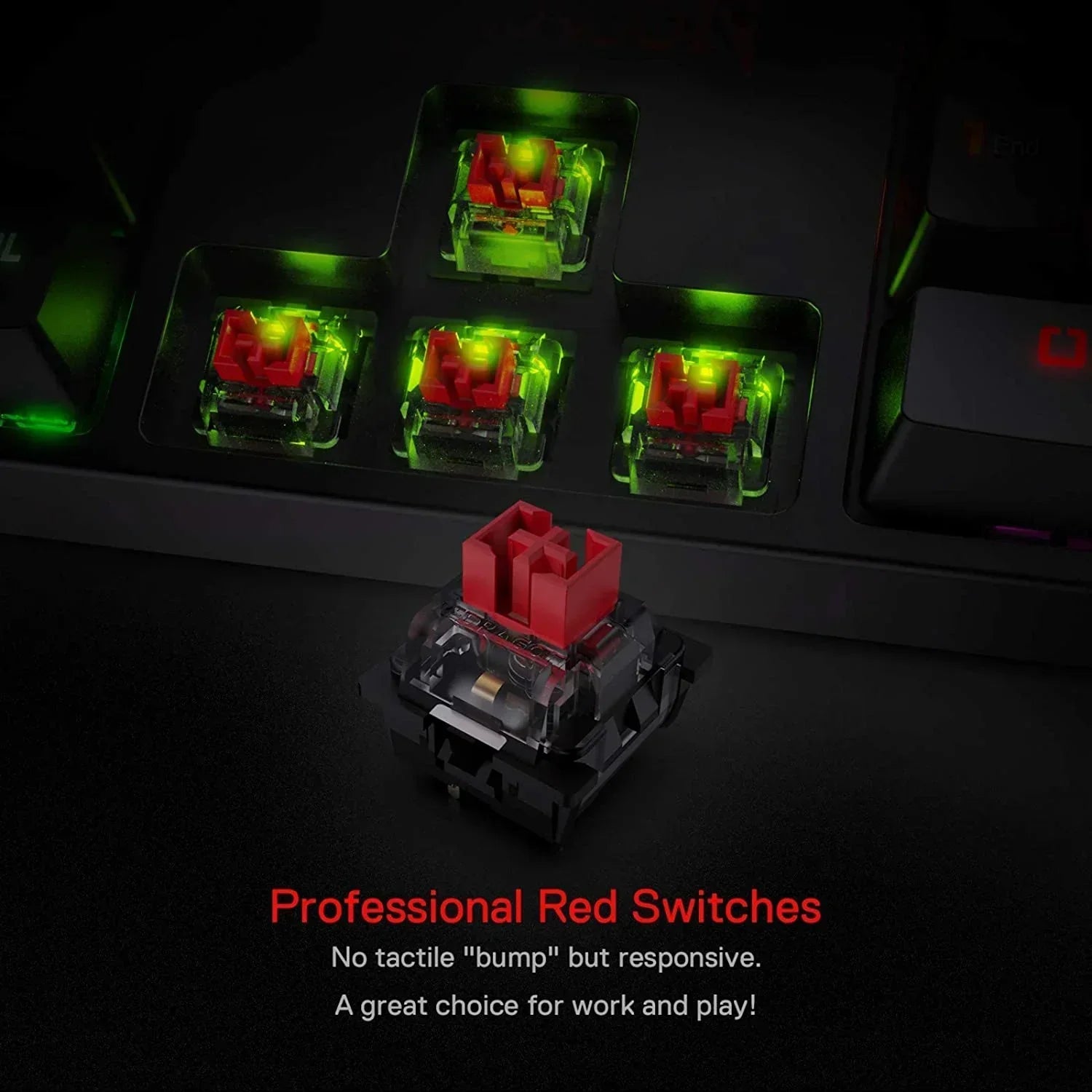 Close-up of RGB backlit mechanical keyboard with red switches, ideal for gaming setups.