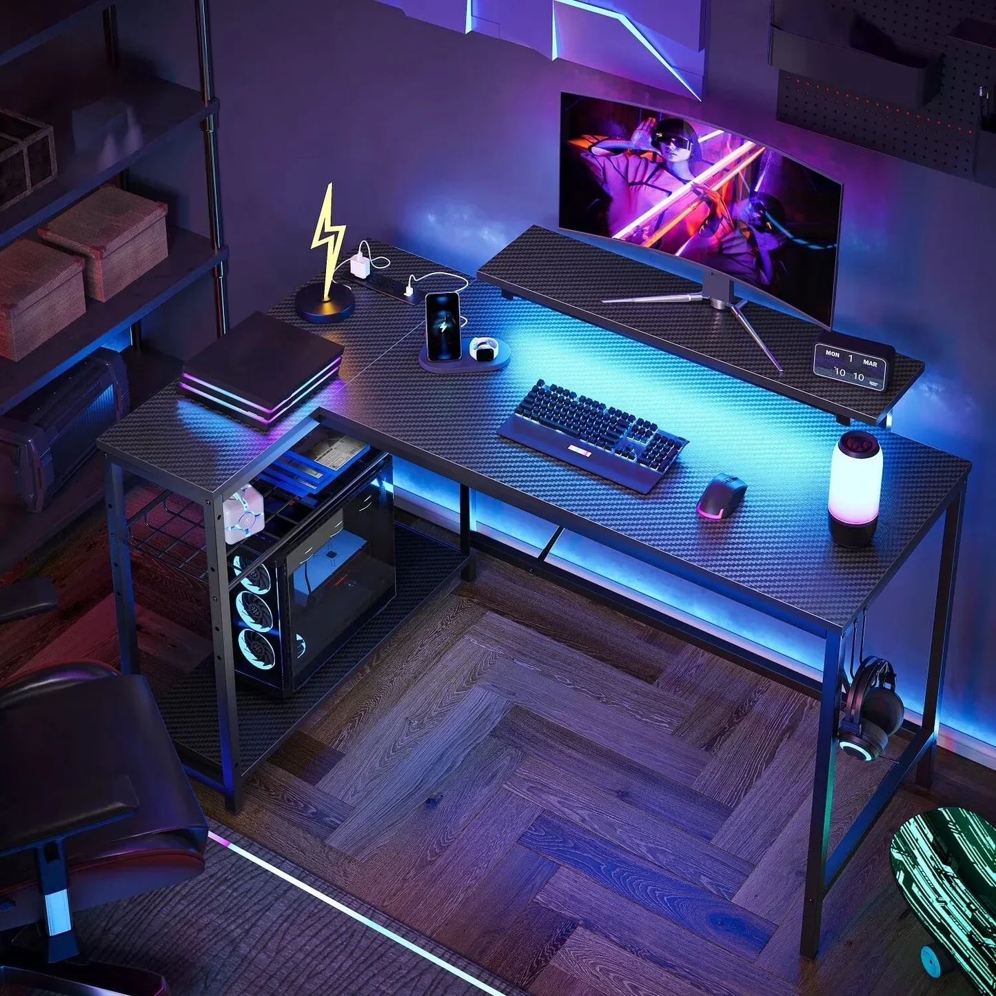 48" L Shaped Desk with LED Lights & Power Outlets, Corner Computer Desk with Monitor Stand for Home Office, Rustic
