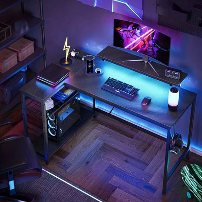 48" L Shaped Desk with LED Lights & Power Outlets, Corner Computer Desk with Monitor Stand for Home Office, Rustic