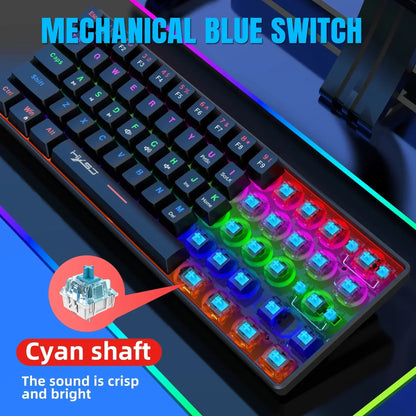 RGB mechanical gaming keyboard with blue switches and cyan shafts, retro 8-bit style.