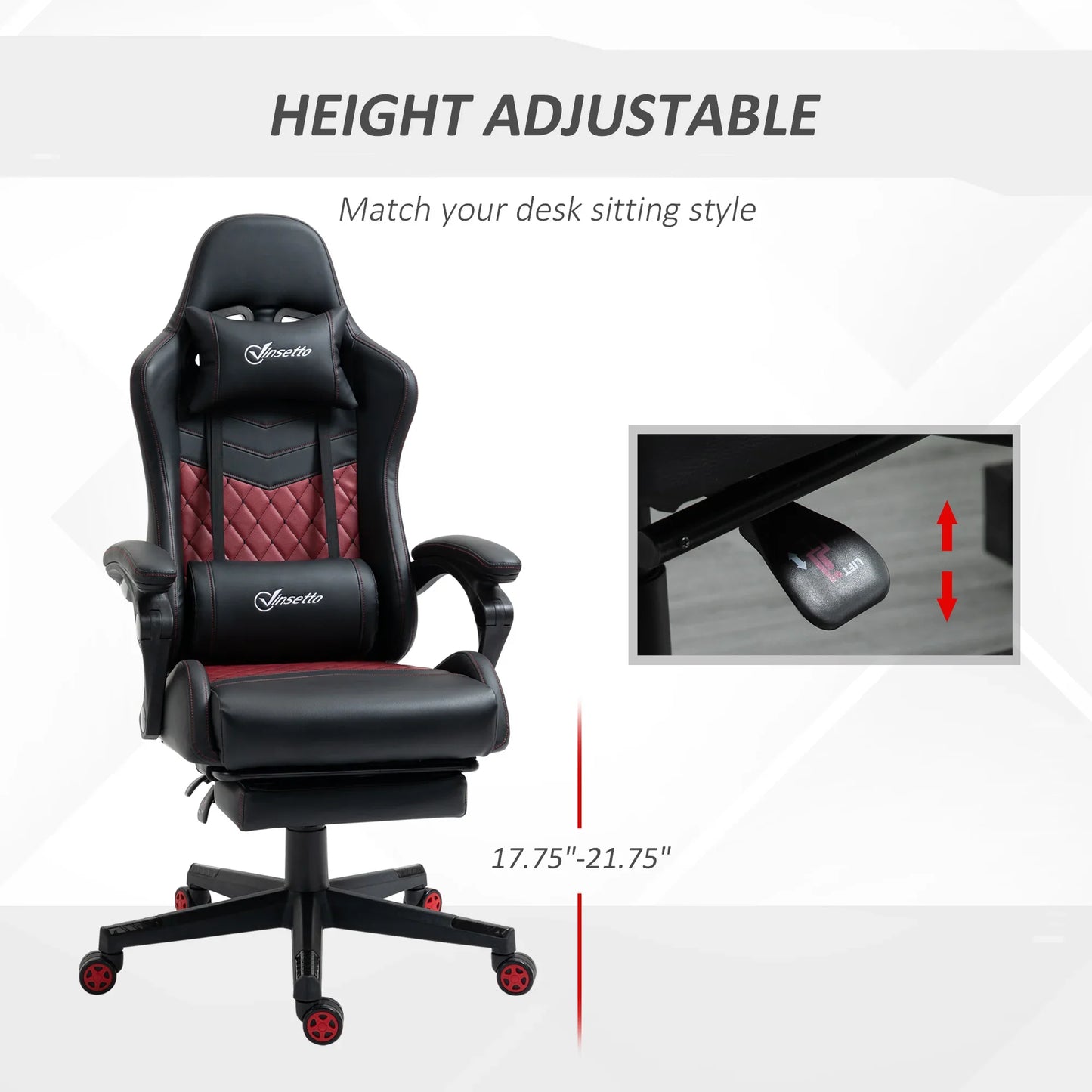Height adjustable black and red gaming chair with cushioned seat, armrests, and lumbar support pillow