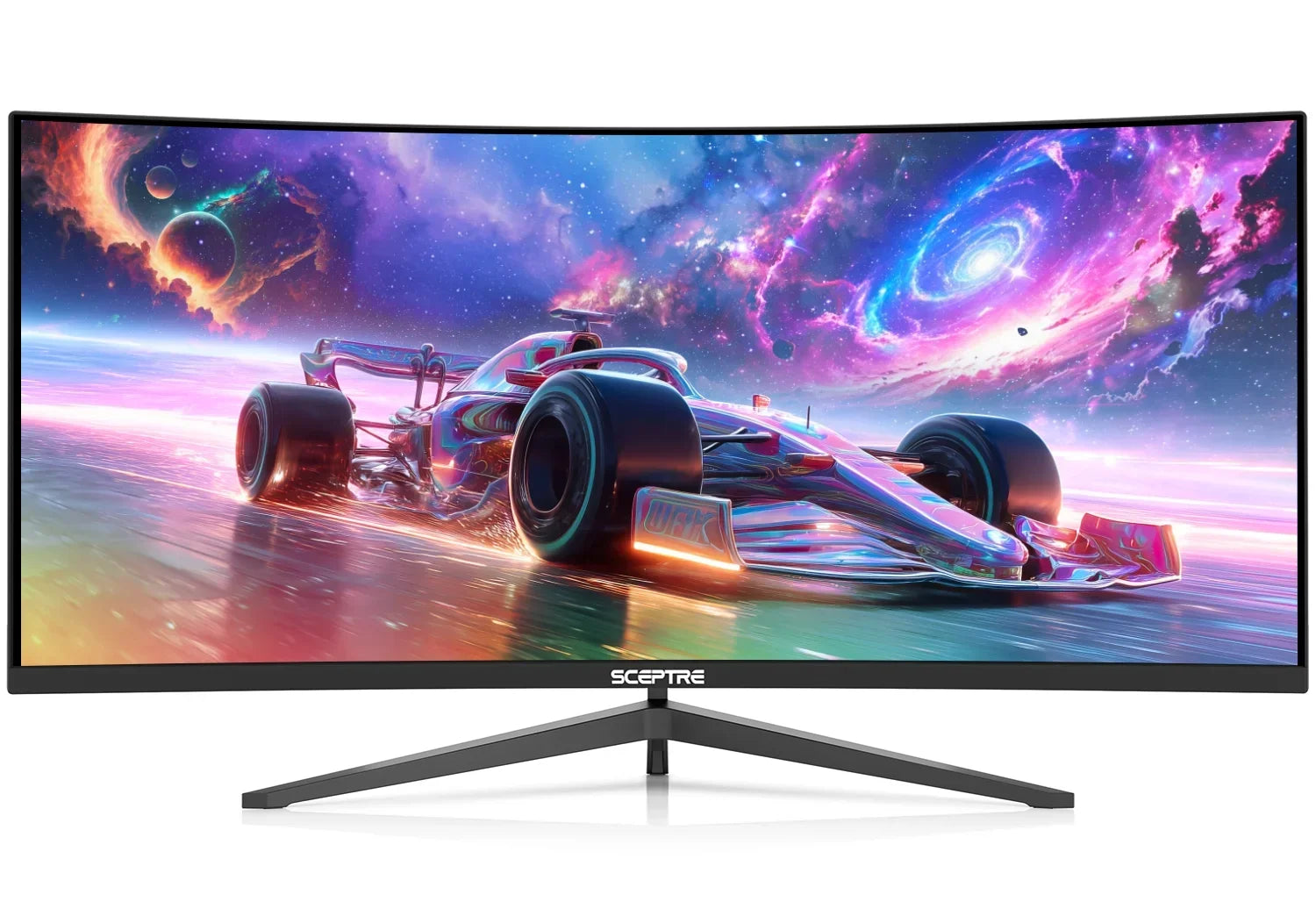 Sceptre ultrawide curved gaming monitor displaying a vibrant futuristic race car in a cosmic space scene