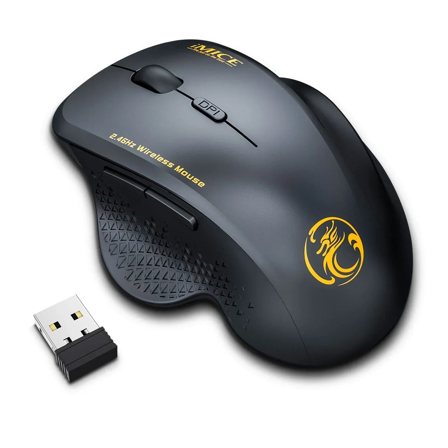 Black ergonomic wireless gaming mouse with side buttons, USB receiver and gold dragon logo