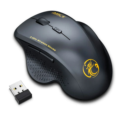 Black ergonomic wireless gaming mouse with side buttons, USB receiver and gold dragon logo