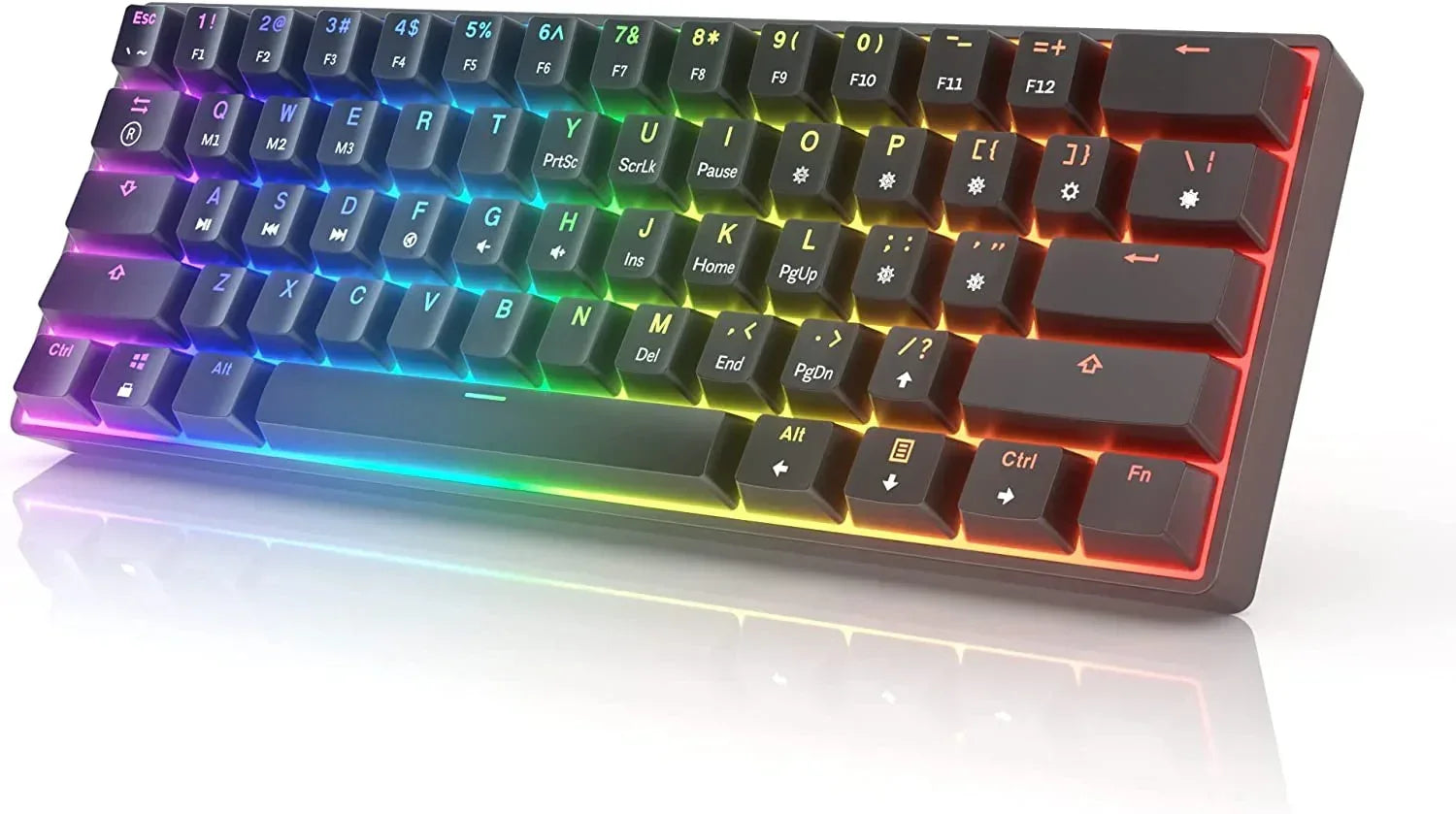 RGB backlit compact gaming keyboard with black keycaps, featured on a white background