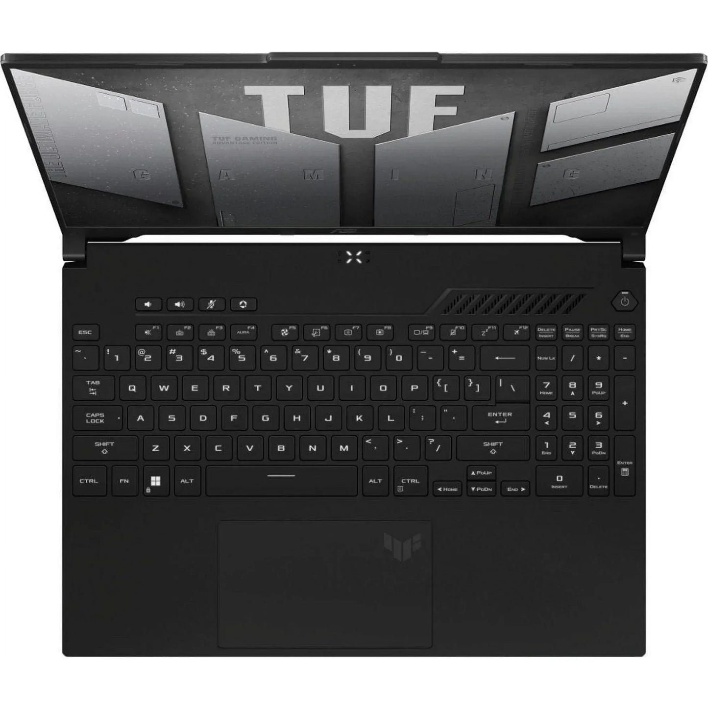 Top view of a black gaming laptop with backlit keyboard and TUF Gaming logo on screen