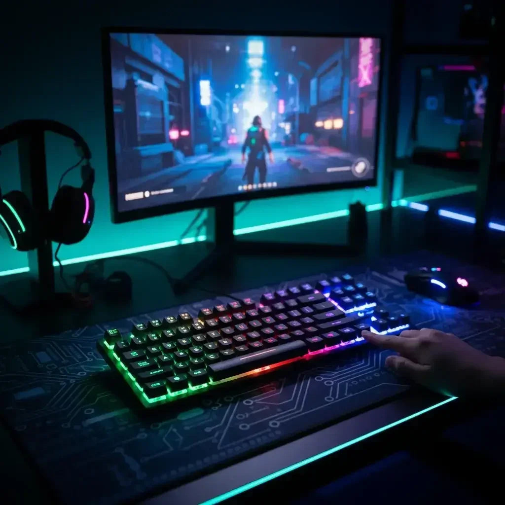 RGB backlit gaming keyboard, mouse, and headset with cyberpunk game on monitor and LED desk lighting