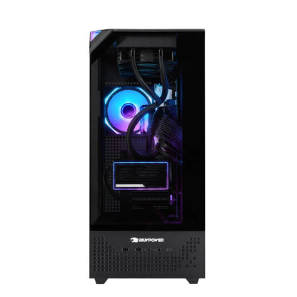 iBUYPOWER gaming PC tower with RGB illuminated cooling fan, liquid cooler, and black case with transparent side panel