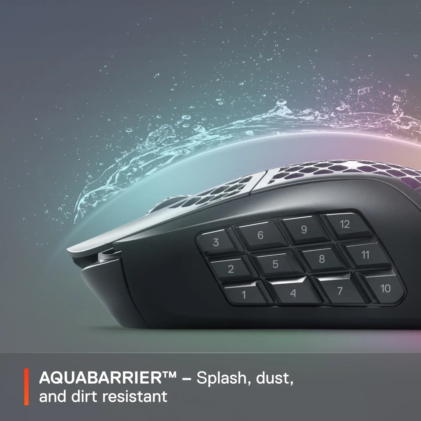 Side view of a black gaming mouse with 12 side buttons and water splash showing AQUABARRIER splash resistance