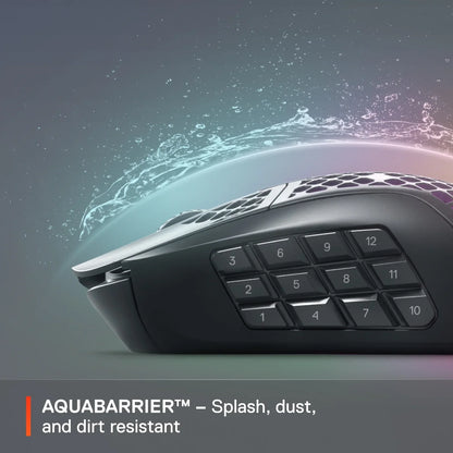 Side view of a black gaming mouse with 12 side buttons and water splash showing AQUABARRIER splash resistance