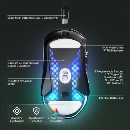 Bottom view of a gaming mouse with USB-C connectivity, RGB lighting, programmable buttons, and 180-hour battery life