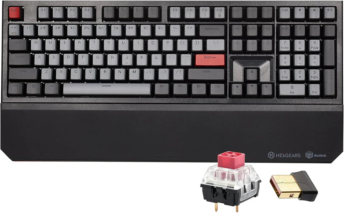 Hexgears mechanical gaming keyboard with gray keycaps, red accents, switch, and USB dongle