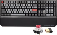 Hexgears mechanical gaming keyboard with gray keycaps, red accents, switch, and USB dongle