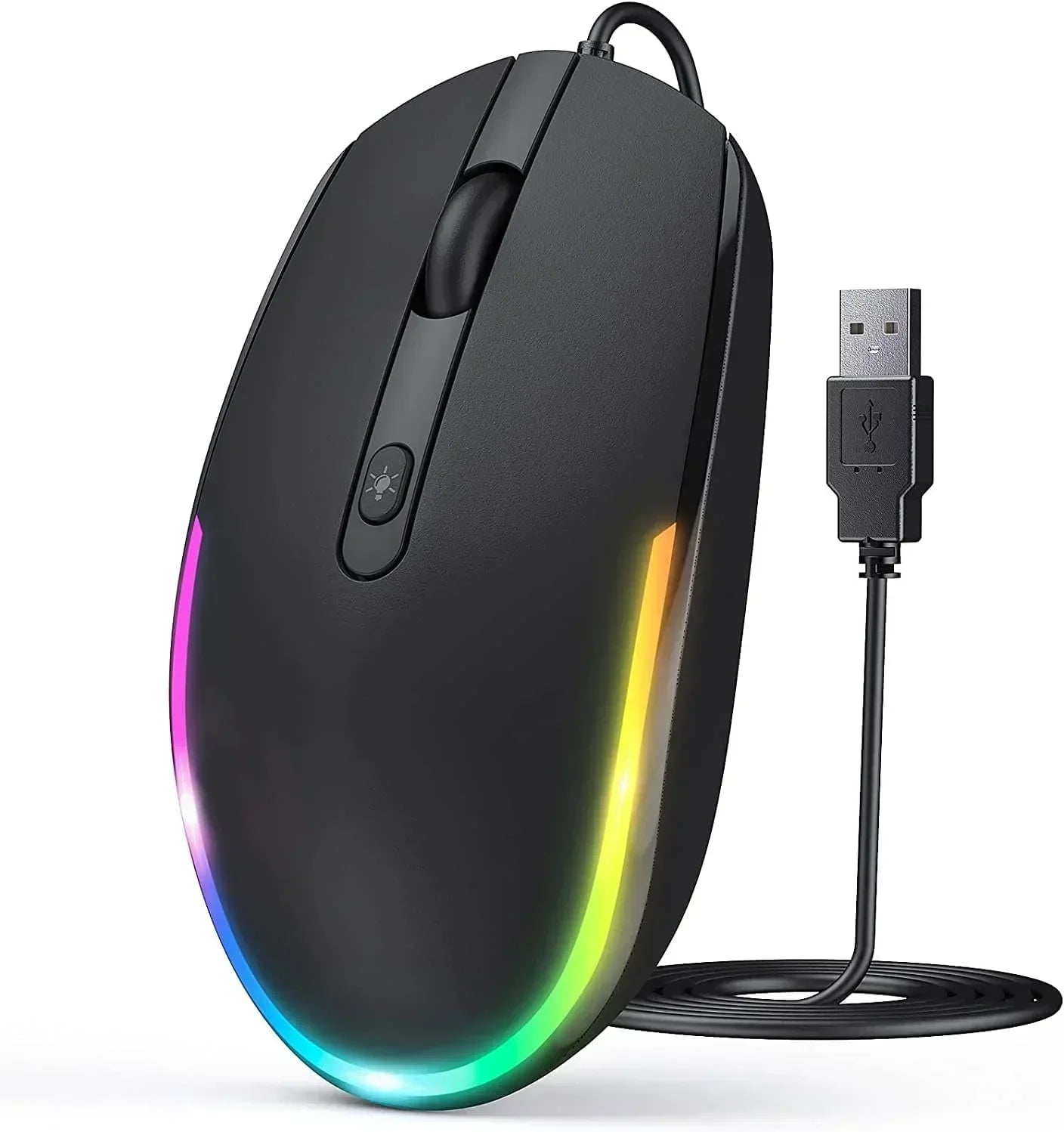 Black wired gaming mouse with RGB lighting and USB connector