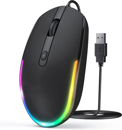 Black wired gaming mouse with RGB lighting and USB connector