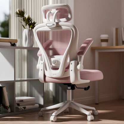White and pink ergonomic office chair with mesh back, headrest, and adjustable arms in modern home setup